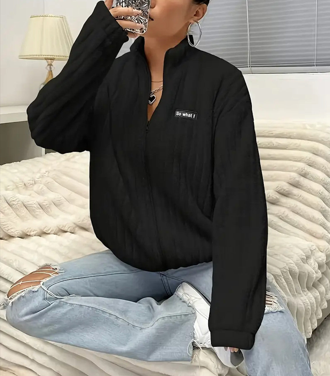 Flauschige Damen Jacke Weiß | Thermo Warm | Kuschelige Übergangsjacke mit Zipper