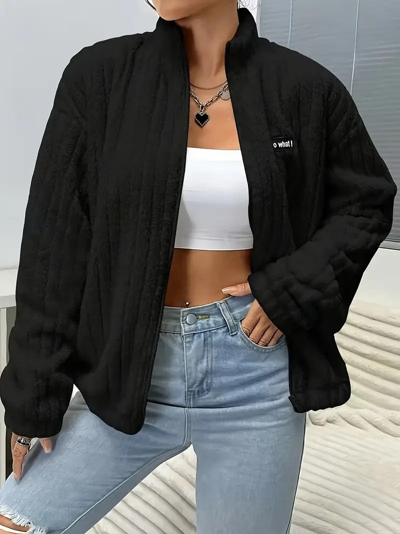 Flauschige Damen Jacke Weiß | Thermo Warm | Kuschelige Übergangsjacke mit Zipper