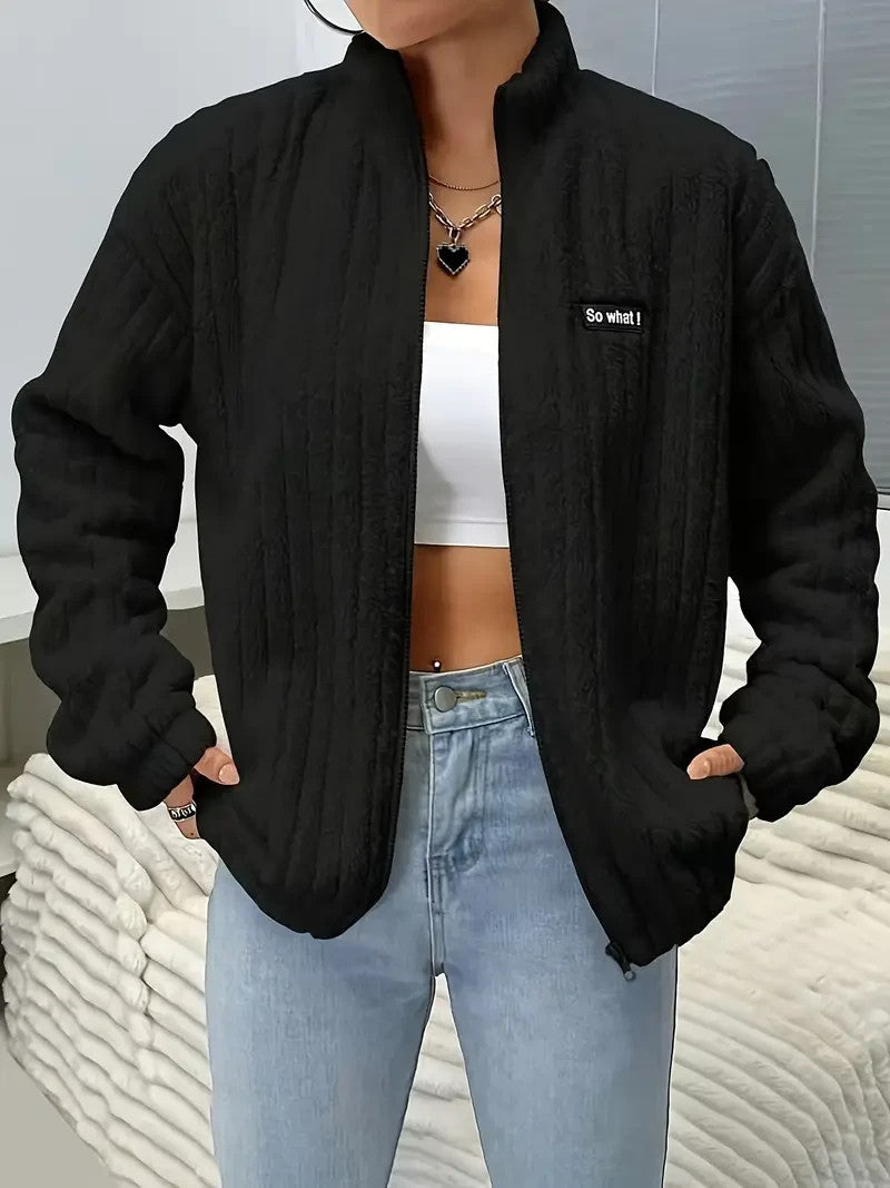 Flauschige Damen Jacke Weiß | Thermo Warm | Kuschelige Übergangsjacke mit Zipper