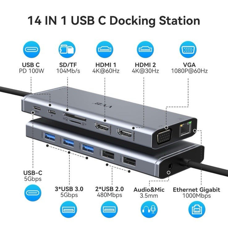 USB-C Multiport Hub 14-in-1 – Kompakt & Leistungsstark - Marke VVB