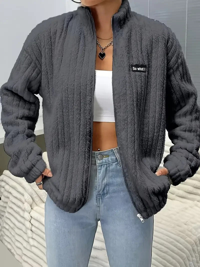 Flauschige Damen Jacke Weiß | Thermo Warm | Kuschelige Übergangsjacke mit Zipper