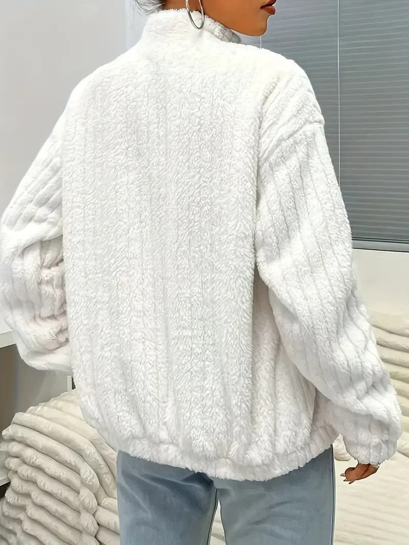 Flauschige Damen Jacke Weiß | Thermo Warm | Kuschelige Übergangsjacke mit Zipper