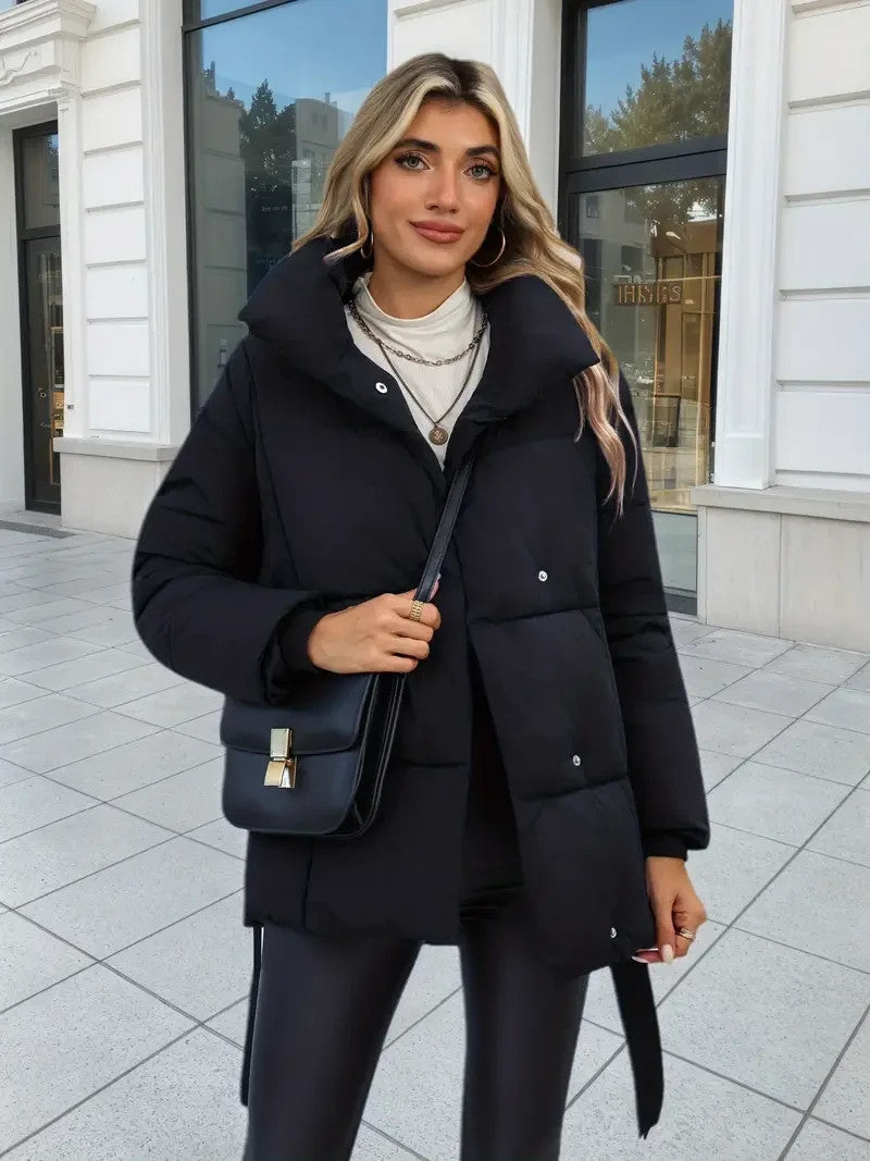 Elegante Damen Winterjacke, verstellbares Taillenband, mittellang, gepolstert