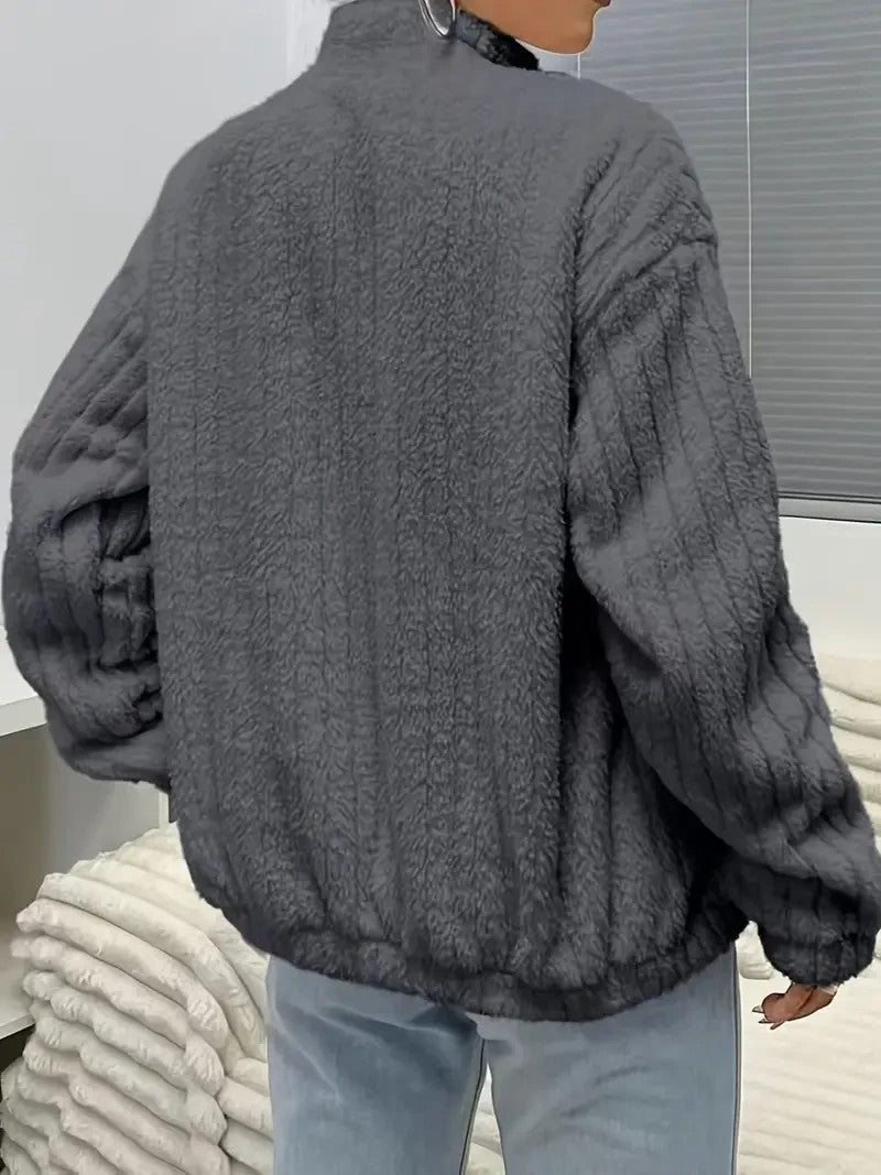 Flauschige Damen Jacke Weiß | Thermo Warm | Kuschelige Übergangsjacke mit Zipper