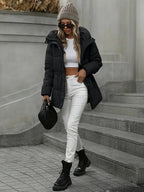 Eleganter Damen Langwintermantel - Jacke mit Kapuze - Schwarz, Khaki -WinterSale