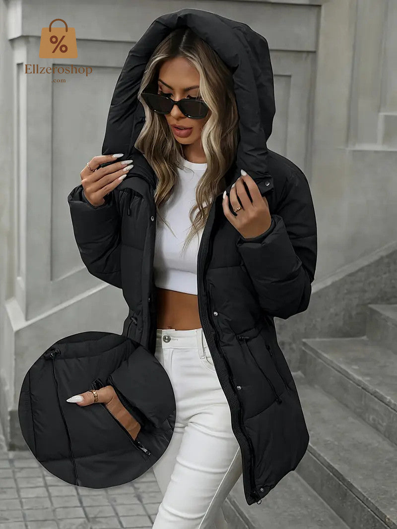 Eleganter Damen Langwintermantel - Jacke mit Kapuze - Schwarz, Khaki -WinterSale