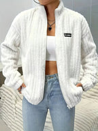 Flauschige Damen Jacke Weiß | Thermo Warm | Kuschelige Übergangsjacke mit Zipper