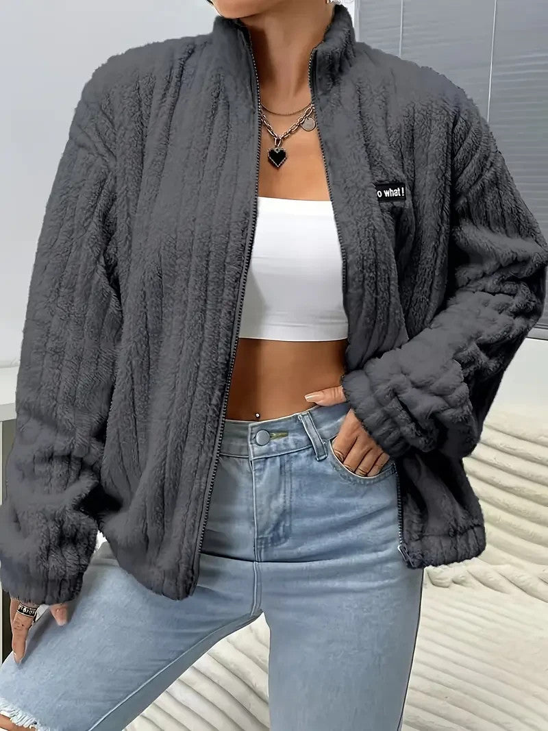 Flauschige Damen Jacke Weiß | Thermo Warm | Kuschelige Übergangsjacke mit Zipper