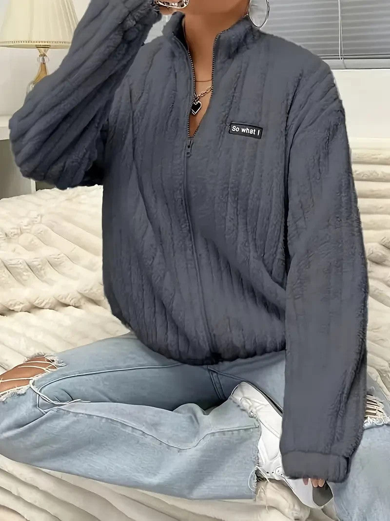 Flauschige Damen Jacke Weiß | Thermo Warm | Kuschelige Übergangsjacke mit Zipper