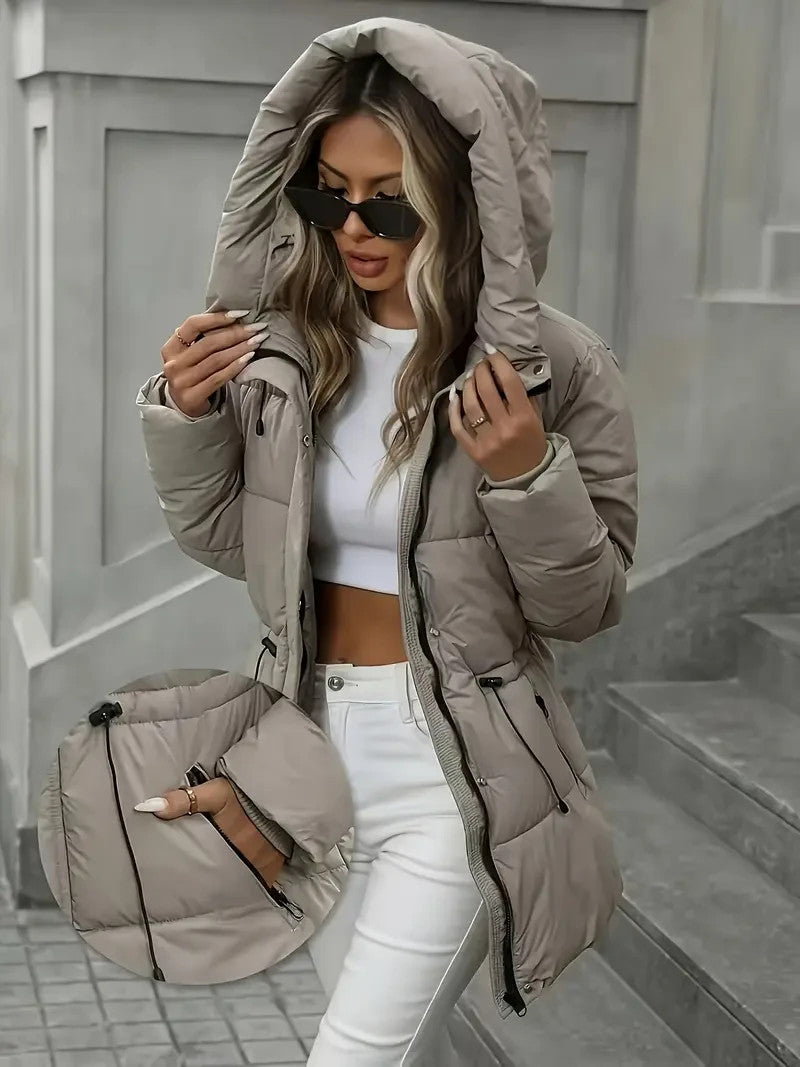 Eleganter Damen Langwintermantel - Jacke mit Kapuze - Schwarz, Khaki -WinterSale