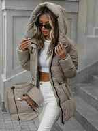 Eleganter Damen Langwintermantel - Jacke mit Kapuze - Schwarz, Khaki -WinterSale