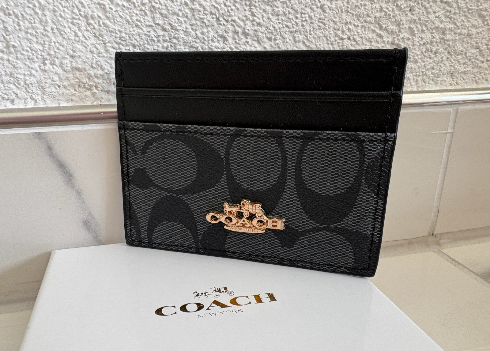 COACH - Schmales Kartenetui aus Signature-Canvas - Schwarz/Grau - Neu!