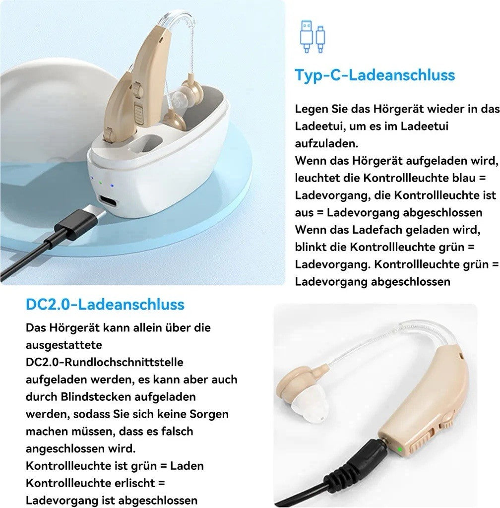 Wiederaufladbarer Hörverstärker mit Geräuschunterdrückung & Ladeetui NEU