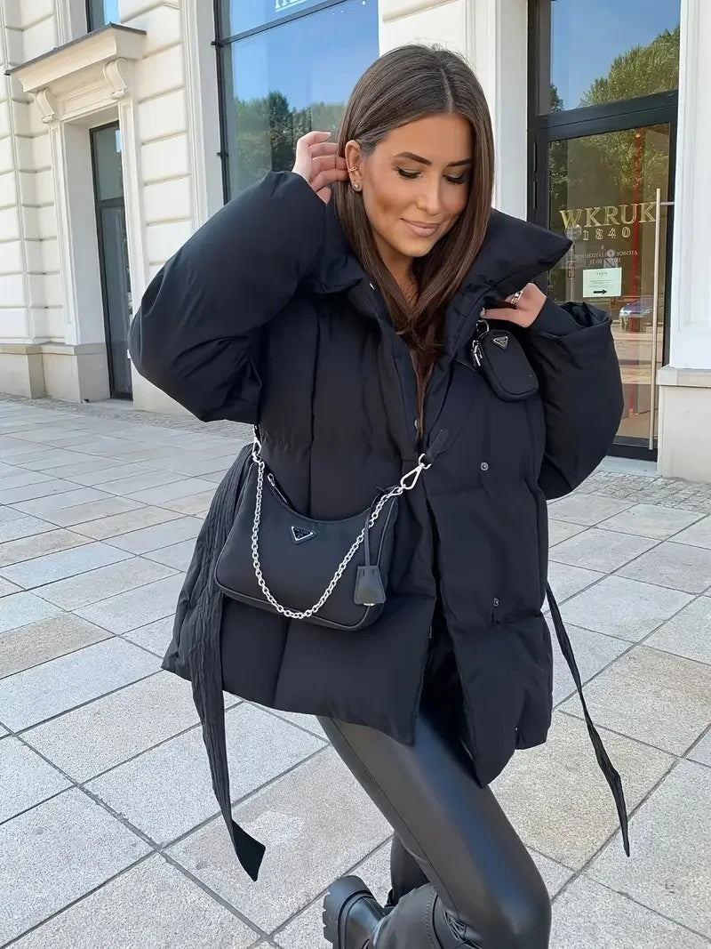 Elegante Damen Winterjacke, verstellbares Taillenband, mittellang, gepolstert