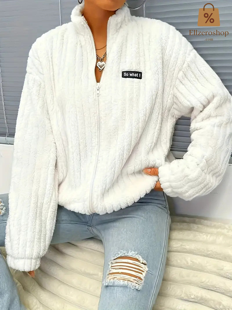 Flauschige Damen Jacke Weiß | Thermo Warm | Kuschelige Übergangsjacke mit Zipper