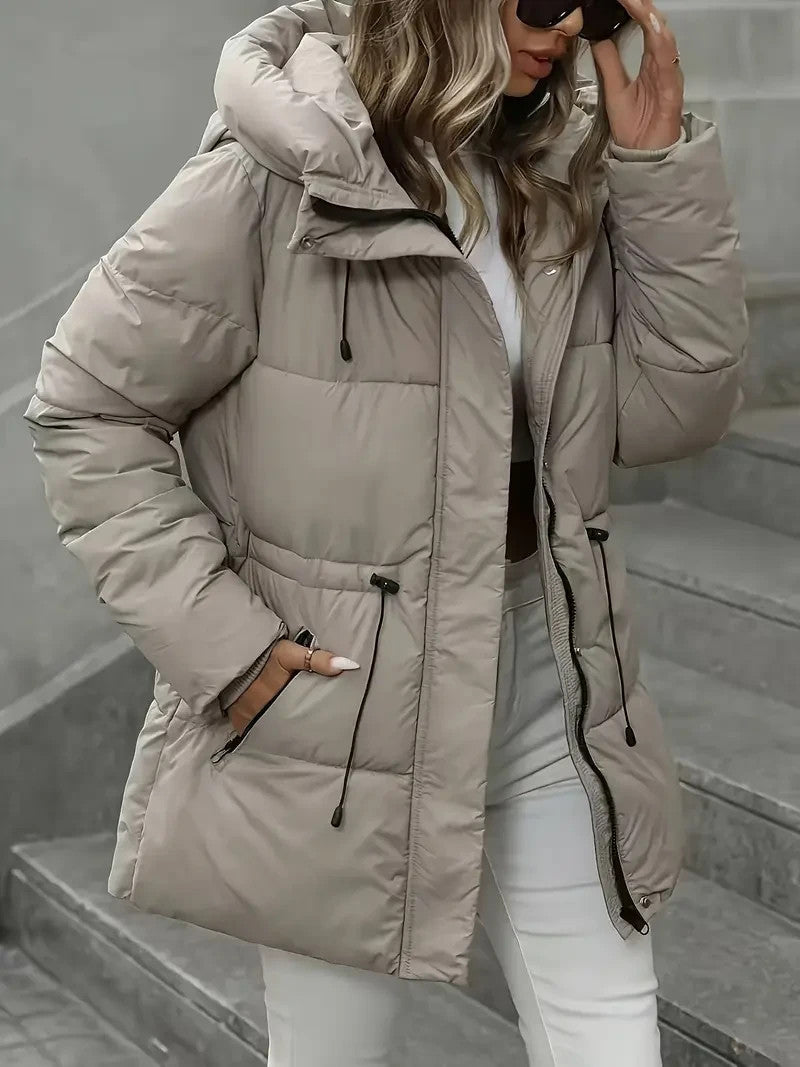 Eleganter Damen Langwintermantel - Jacke mit Kapuze - Schwarz, Khaki -WinterSale
