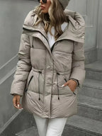 Eleganter Damen Langwintermantel - Jacke mit Kapuze - Schwarz, Khaki -WinterSale
