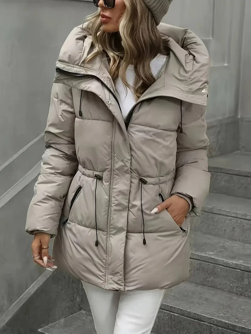 Eleganter Damen Langwintermantel - Jacke mit Kapuze - Schwarz, Khaki -WinterSale