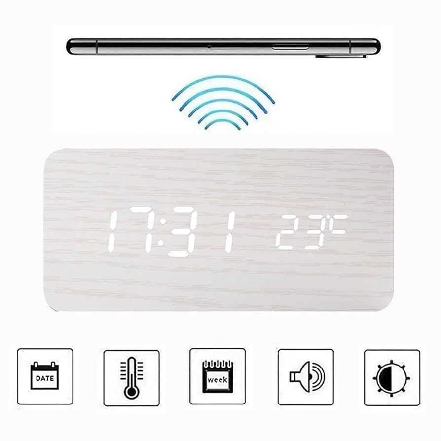 Digitaler Holz-Wecker mit Wireless Charging – Modern & Praktisch (Neu)