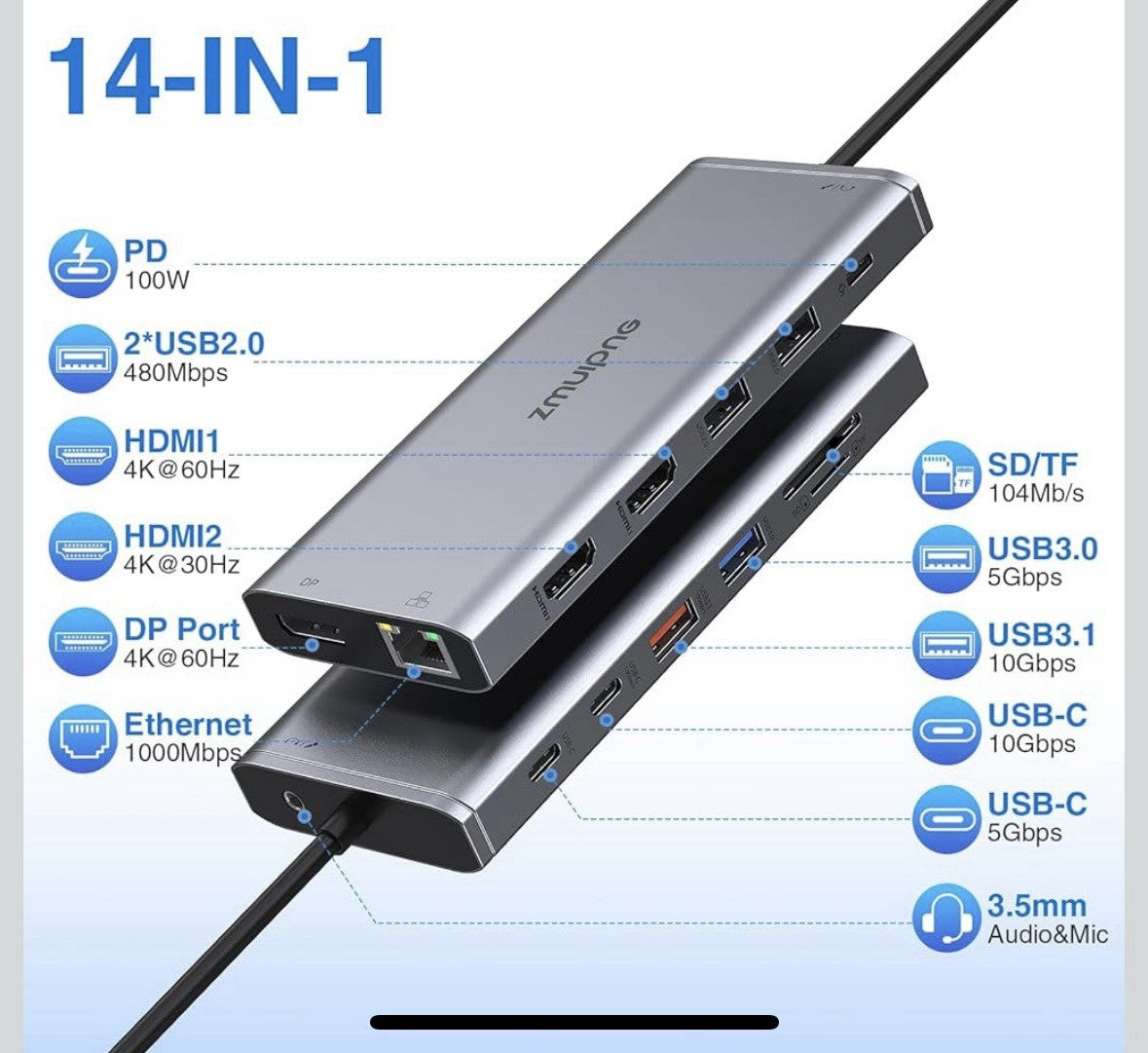 ZMUIPNG ZM1822 USB-C Hub 14-in-1 4K Adapter Grau